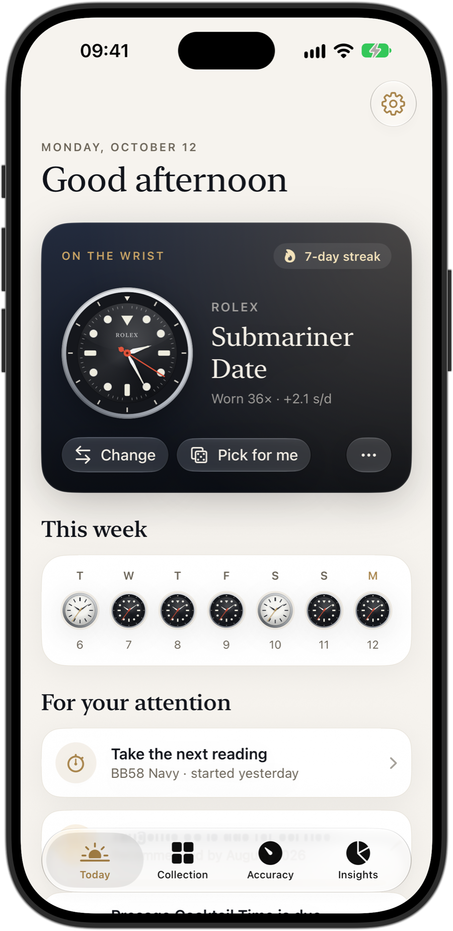 Horology's Today screen on iPhone 18 Pro: a Rolex Submariner Date on the wrist with a 7-day streak, worn 36 times and running 2.1 seconds a day fast, above a week of watch dials